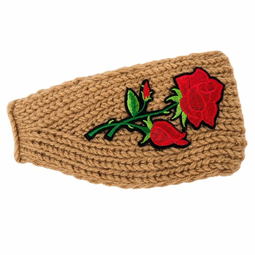 Tan Knit Rose Embroidered Ear Warmer Headband Floral Winter Headwrap WT-510R NEW